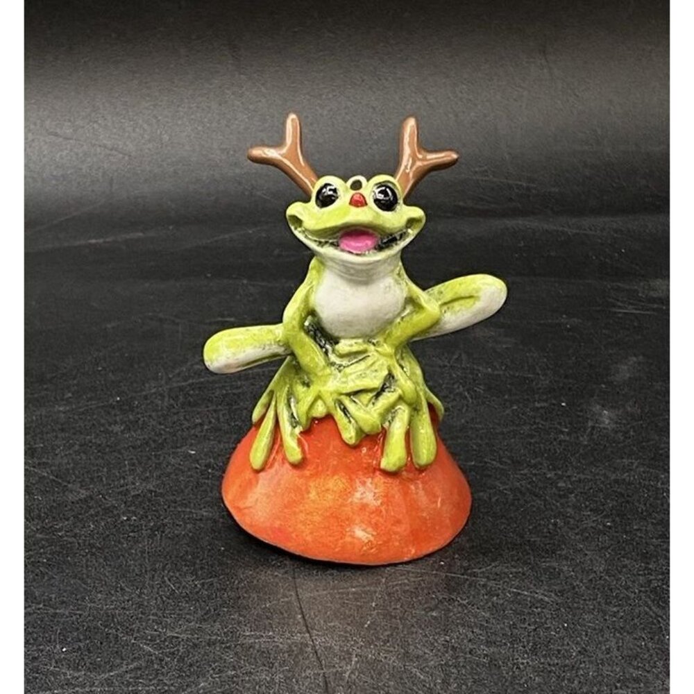Kitty’s Critters Frog w Antlers Christmas Ornament Bell Ding Dong Ceramic